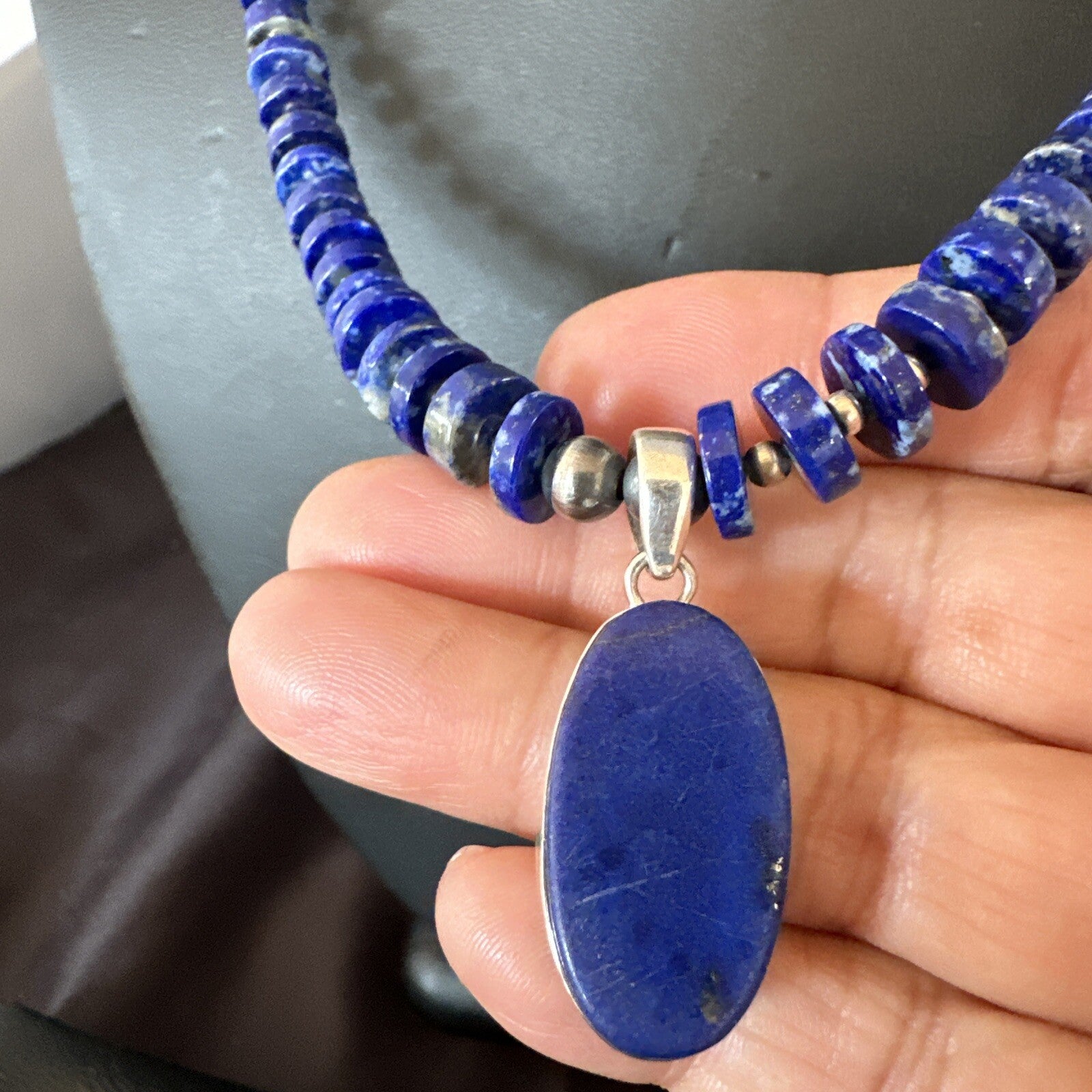 Mens Womens Blue Lapis Lazuli Navajo Sterling Silver Pendant Necklace 22” 18338