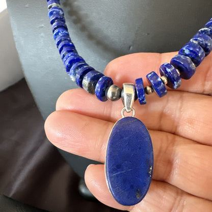 Mens Womens Blue Lapis Lazuli Navajo Sterling Silver Pendant Necklace 22” 18338