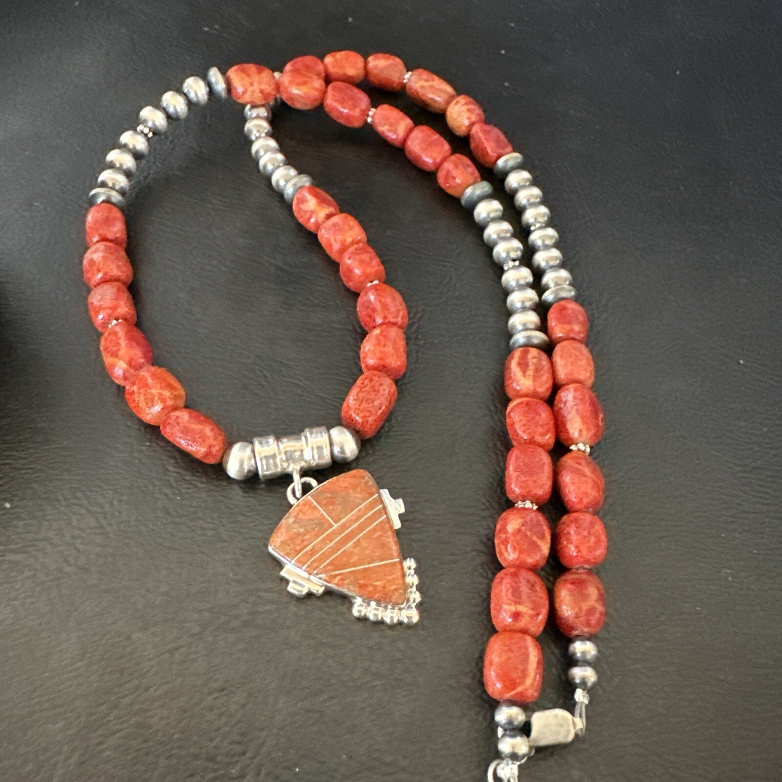 Navajo Apple Sponge Coral Sterling Silver Necklace Inlay Pendant 21” 18685