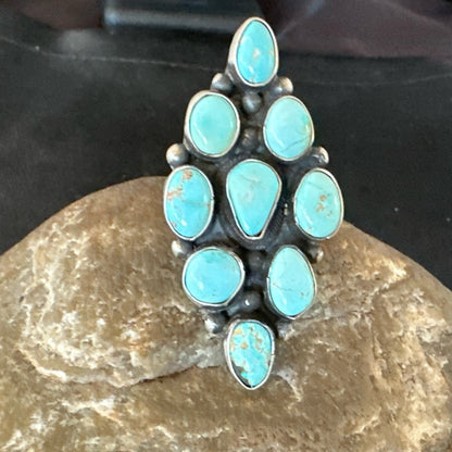 Navajo Sterling Silver Cluster Blue Turquoise 9 Stone Ring Sz 9 18600