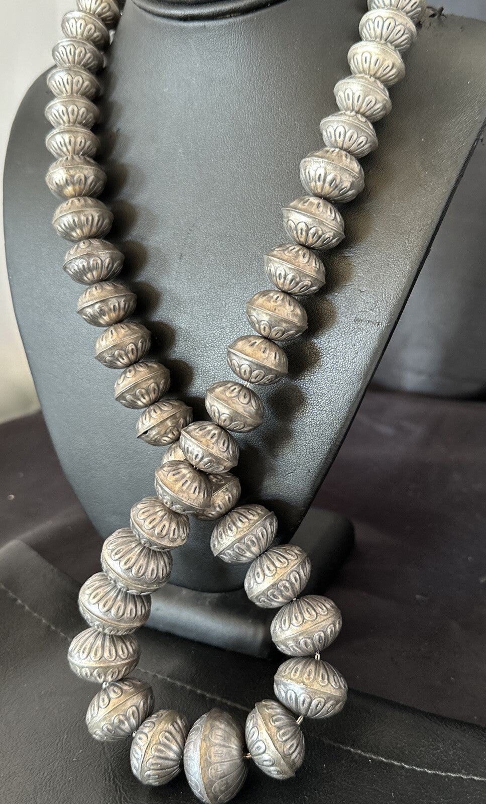 Navajo Pearls Handmade Stamped Graduated Sterling Silver 30" Necklace 16800