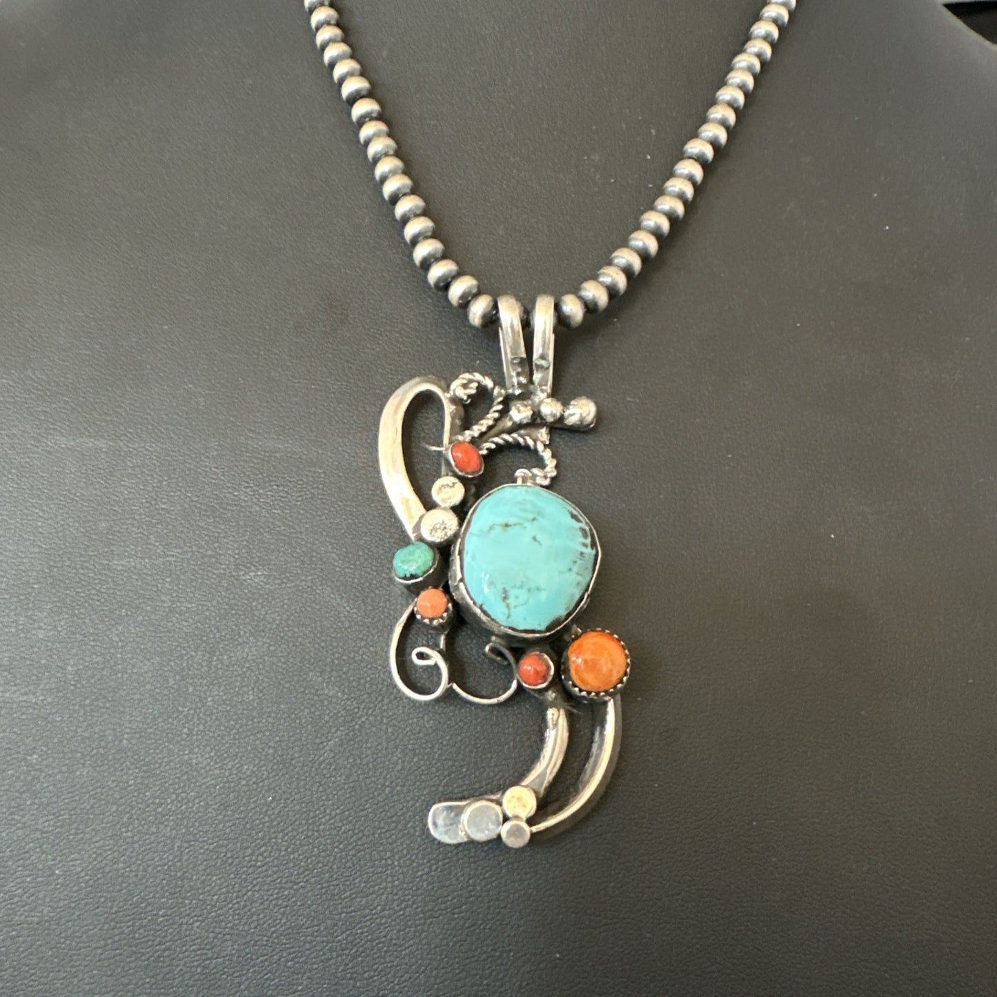 Multicolor Turquoise Spiny Navajo Sterling Silver Cluster Pendant Necklace 19683