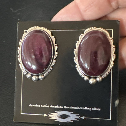 Purple Spiny Oyster Navajo Sterling Silver Stud Post Earrings 1" 18740