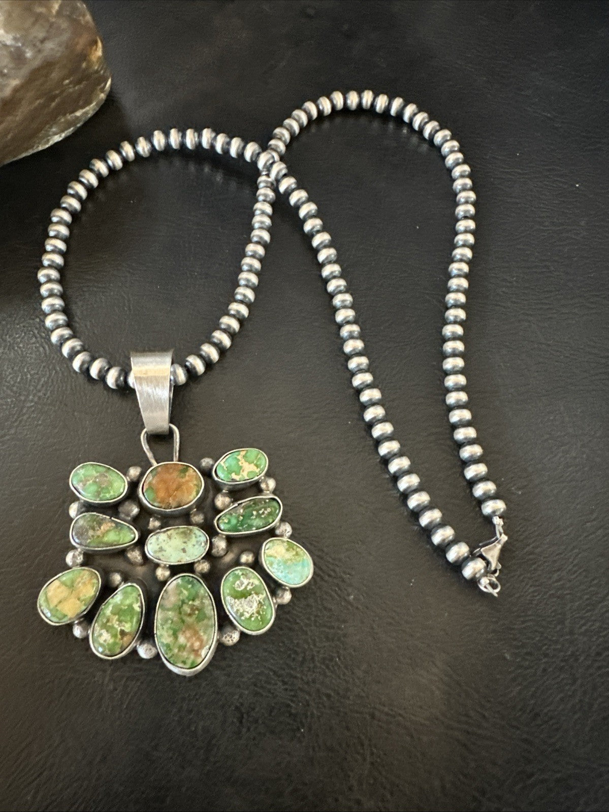Green Sonoran Gold Turquoise Navajo Sterling Silver Cluster Pendant 19300