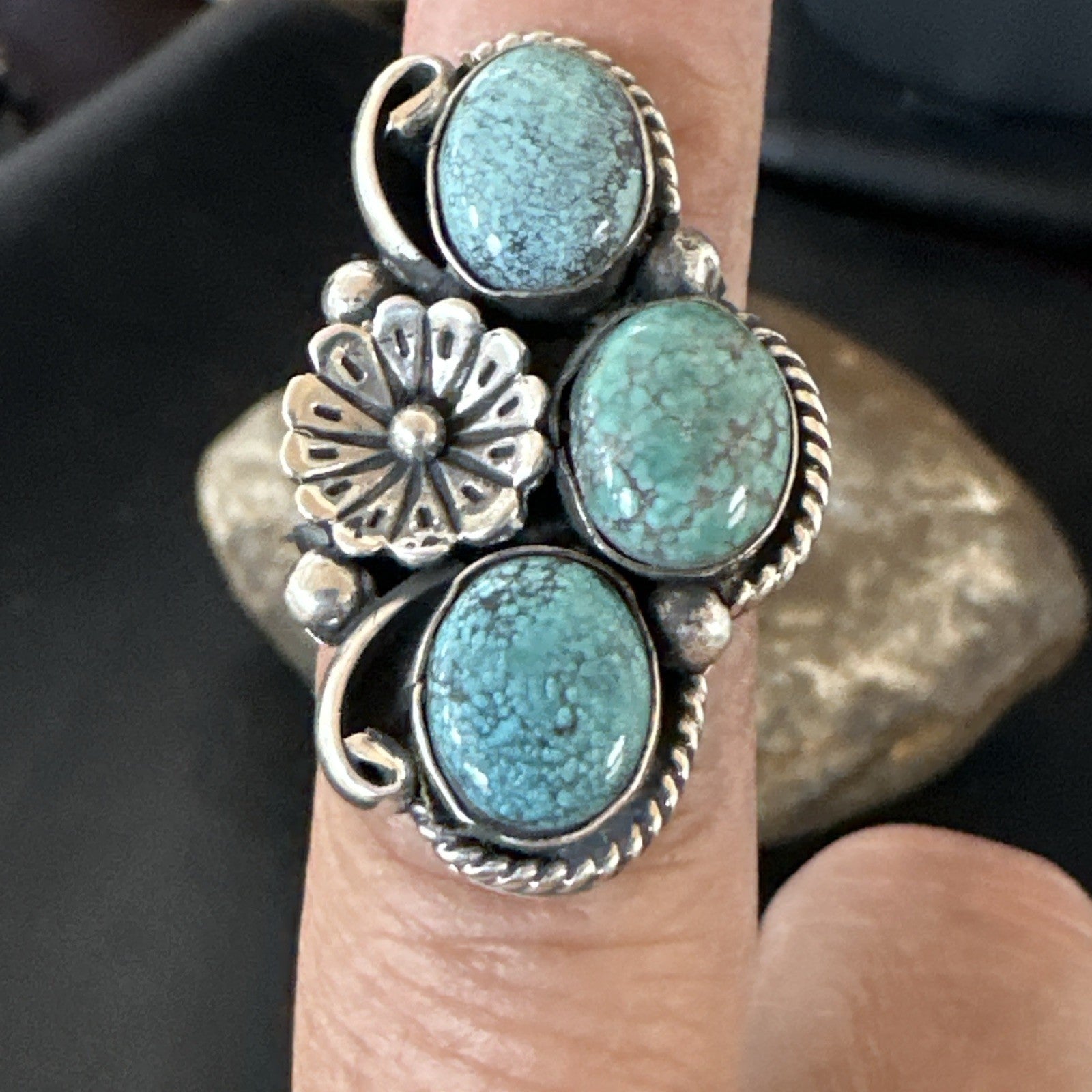 Yazzie Ring Blue Turquoise Navajo Sterling Silver Cluster Size 7 19240
