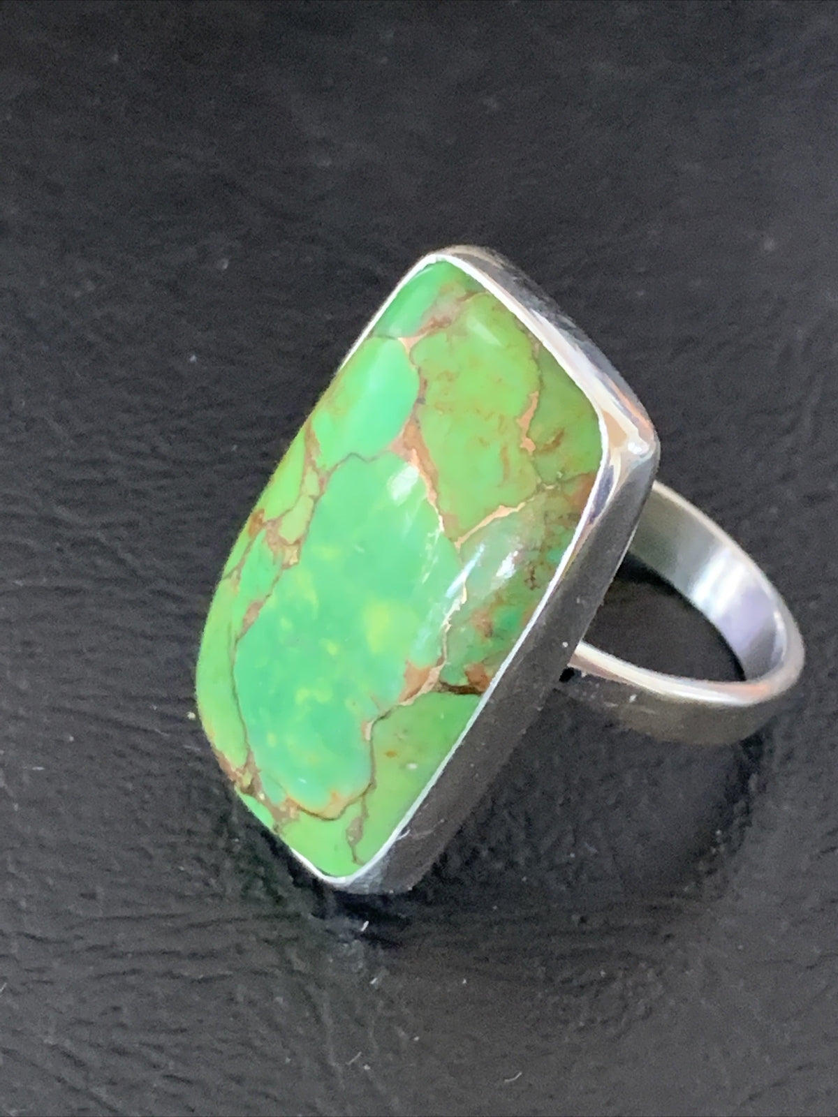 Green Mohave Turquoise Navajo Sterling Silver Ring Size 8.5 Adjustable 11793