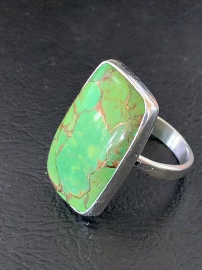Green Mohave Turquoise Navajo Sterling Silver Ring Size 8.5 Adjustable 11793