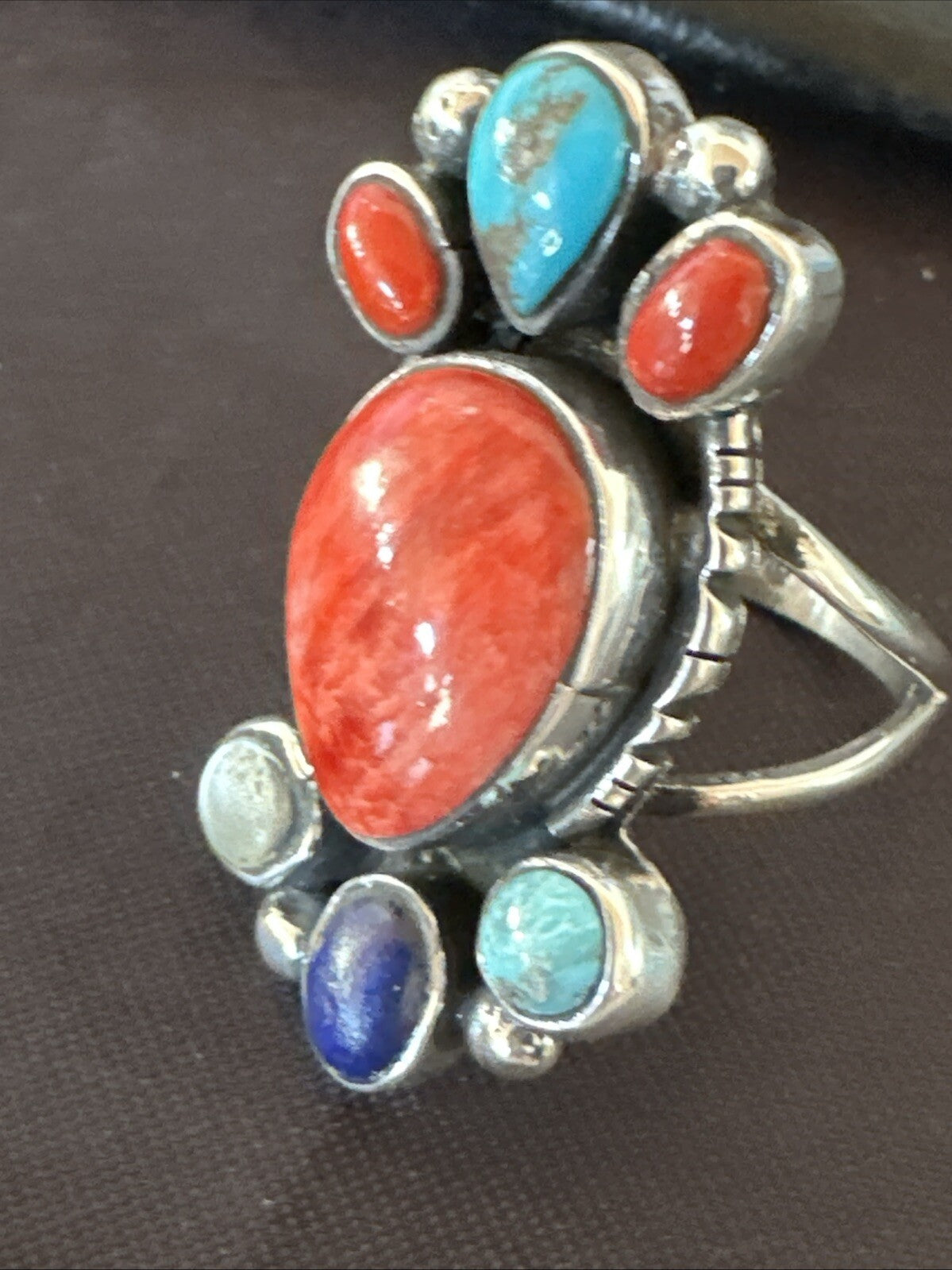 Cluster Blue Turquoise Spiny Oyster Onyx Sterling Silver Ring Size 9 18561
