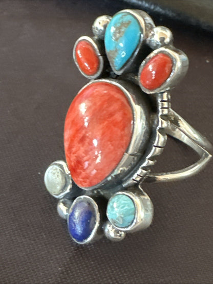 Cluster Blue Turquoise Spiny Oyster Onyx Sterling Silver Ring Size 9 18561