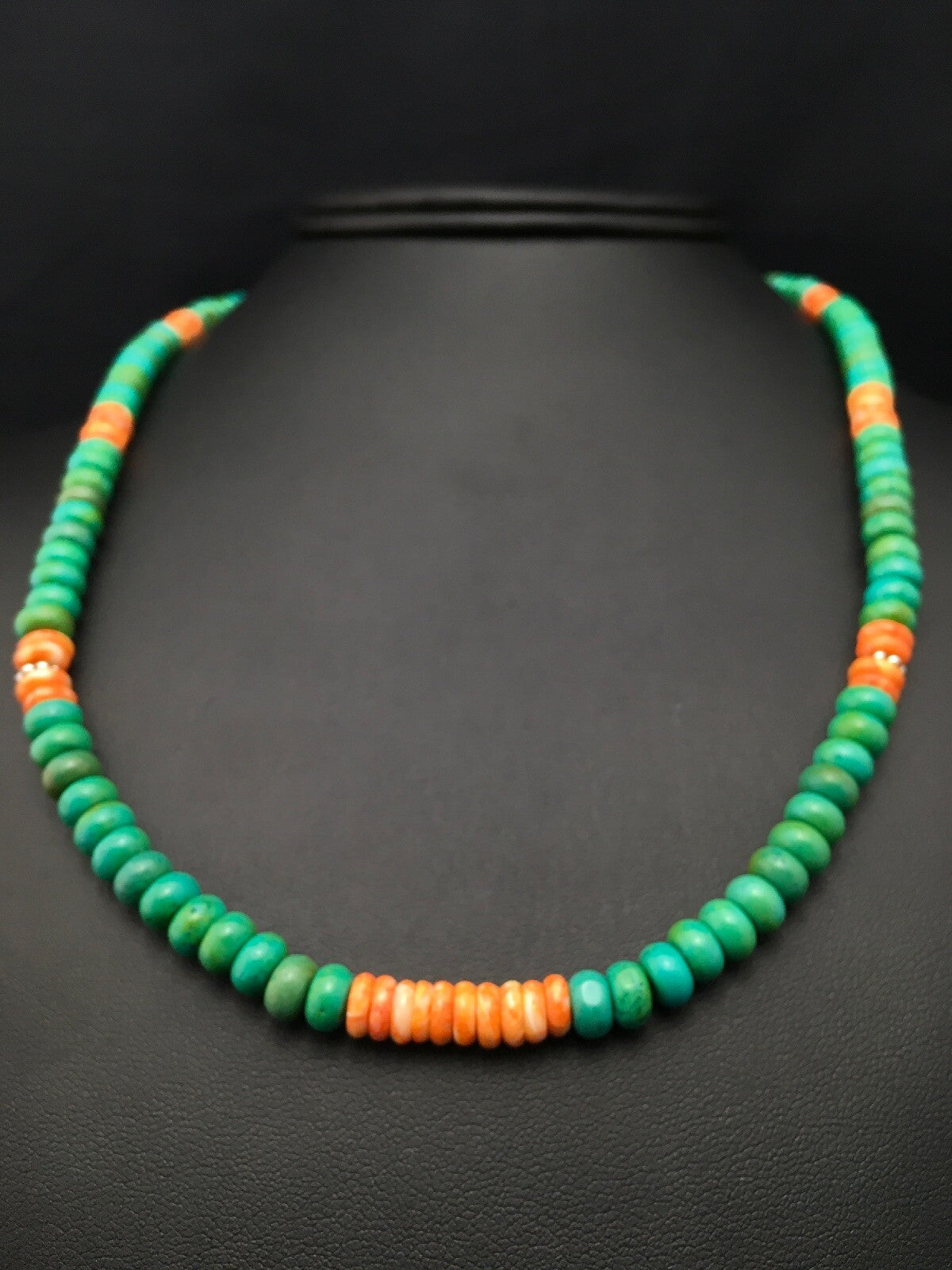 Green Turquoise & Spiny Oyster Navajo Sterling Silver Necklace 19" 04488