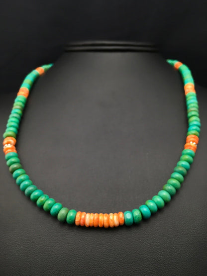 Green Turquoise & Spiny Oyster Navajo Sterling Silver Necklace 19" 04488