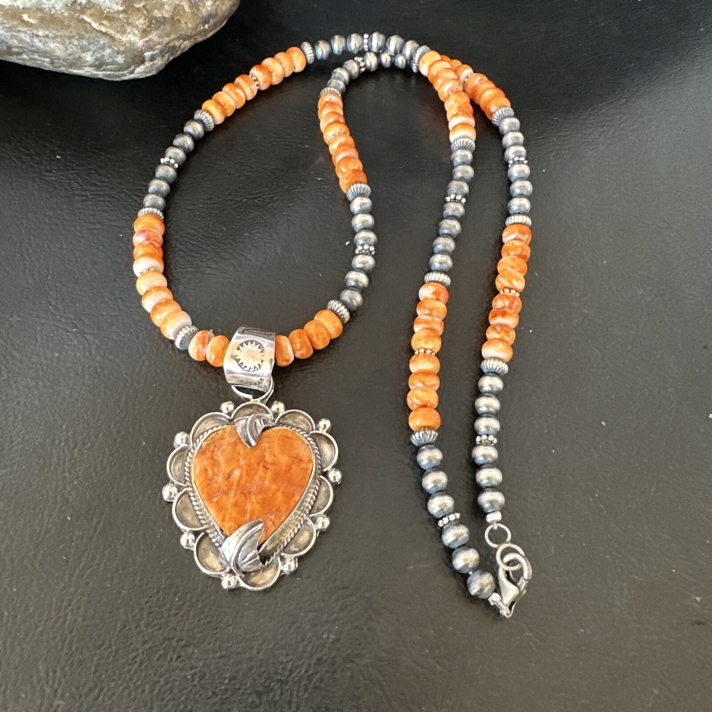 Orange Spiny Oyster Heart Pendant Navajo Sterling Silver Necklace Halloween16293
