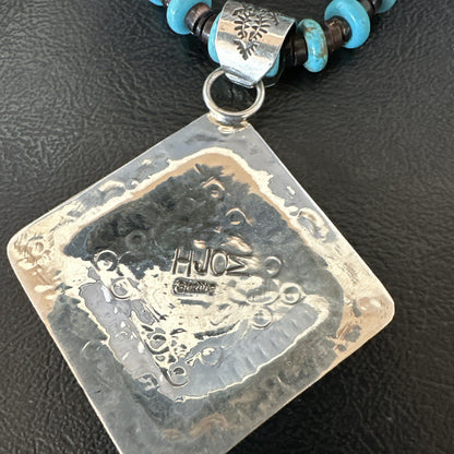 Navajo Blue Turquoise Stamped Pendant Shell Sterling Silver 25” Necklace 19708