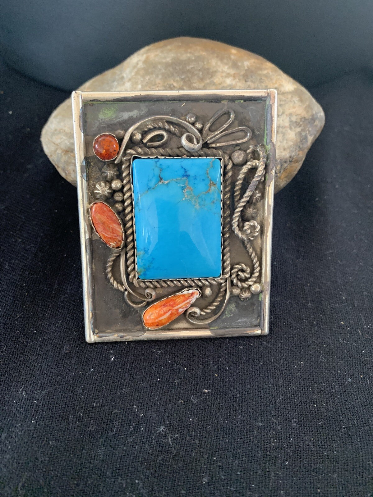 Blue Turquoise Spiny Oyster Navajo Sterling Silver Concho Belt Buckle 00717