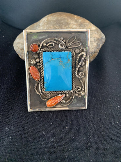Blue Turquoise Spiny Oyster Navajo Sterling Silver Concho Belt Buckle 00717