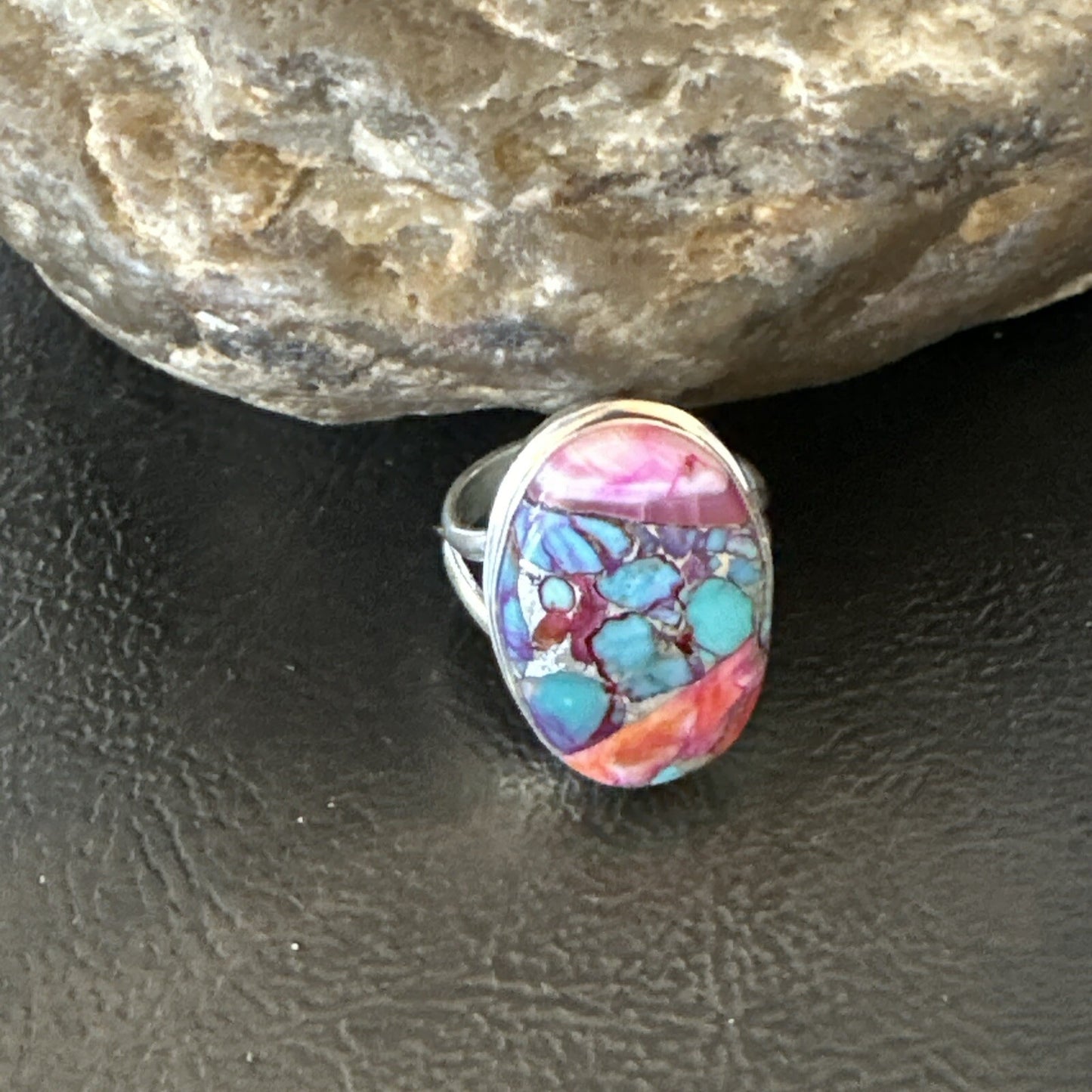Blue Turquoise Spiny Oyster Southwestern Sterling Silver Ring Size 8 18484