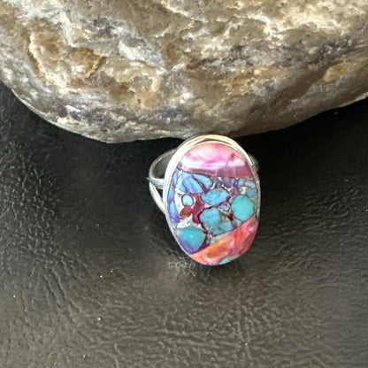 Blue Turquoise Spiny Oyster Southwestern Sterling Silver Ring Size 8 18484