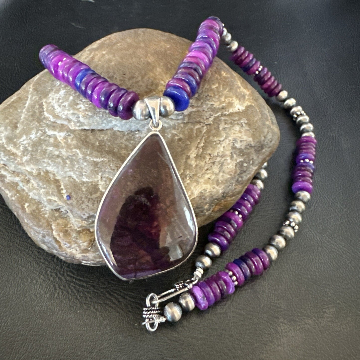 Purple Stone Pendant Navajo Pearls Sterling Silver Necklace 23" 17936