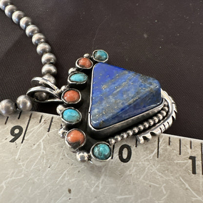 Blue Lapis Cluster Pendant Navajo Sterling Silver Beads Necklace 20" 18753