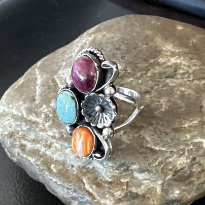 Multicolor Ring Turquoise Spiny Navajo Sterling Silver Cluster Size 9 19172