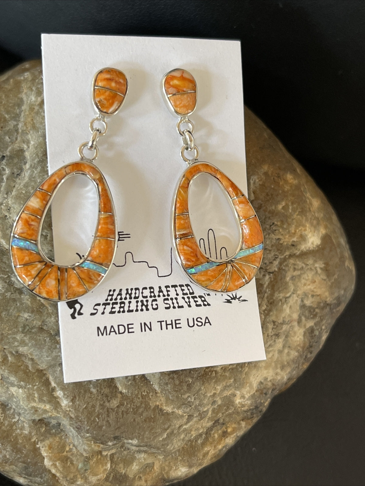 Womens Opal & Spiny Oyster Inlay Navajo Sterling Silver Dangle Earrings 19139