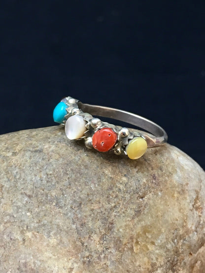 Blue Opal Coral & Turquoise Zuni Sterling Silver Ring Size 6.25 02501