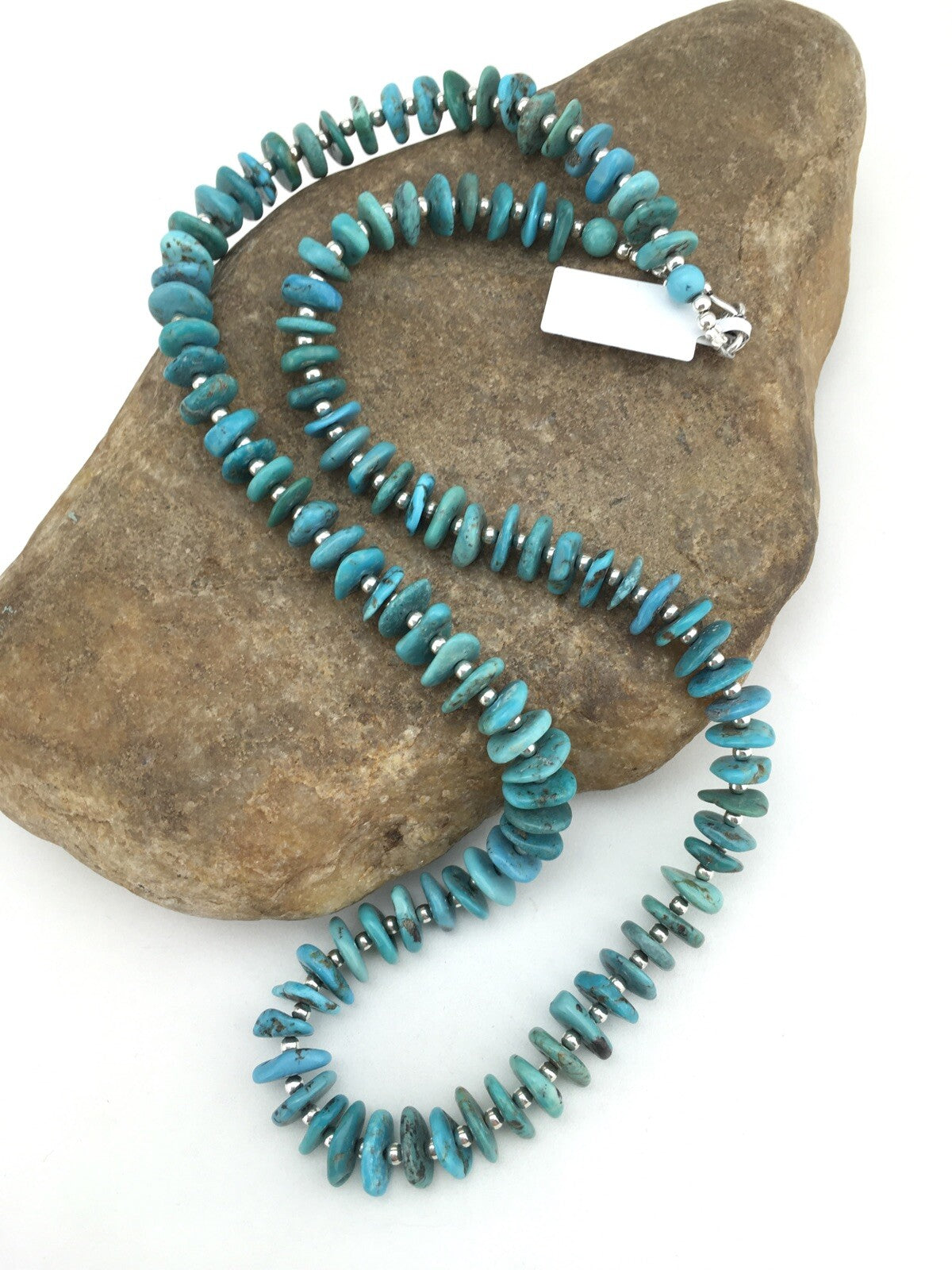 Blue Turquoise Graduated Navajo Pearls Sterling Silver Necklace 23" 01348