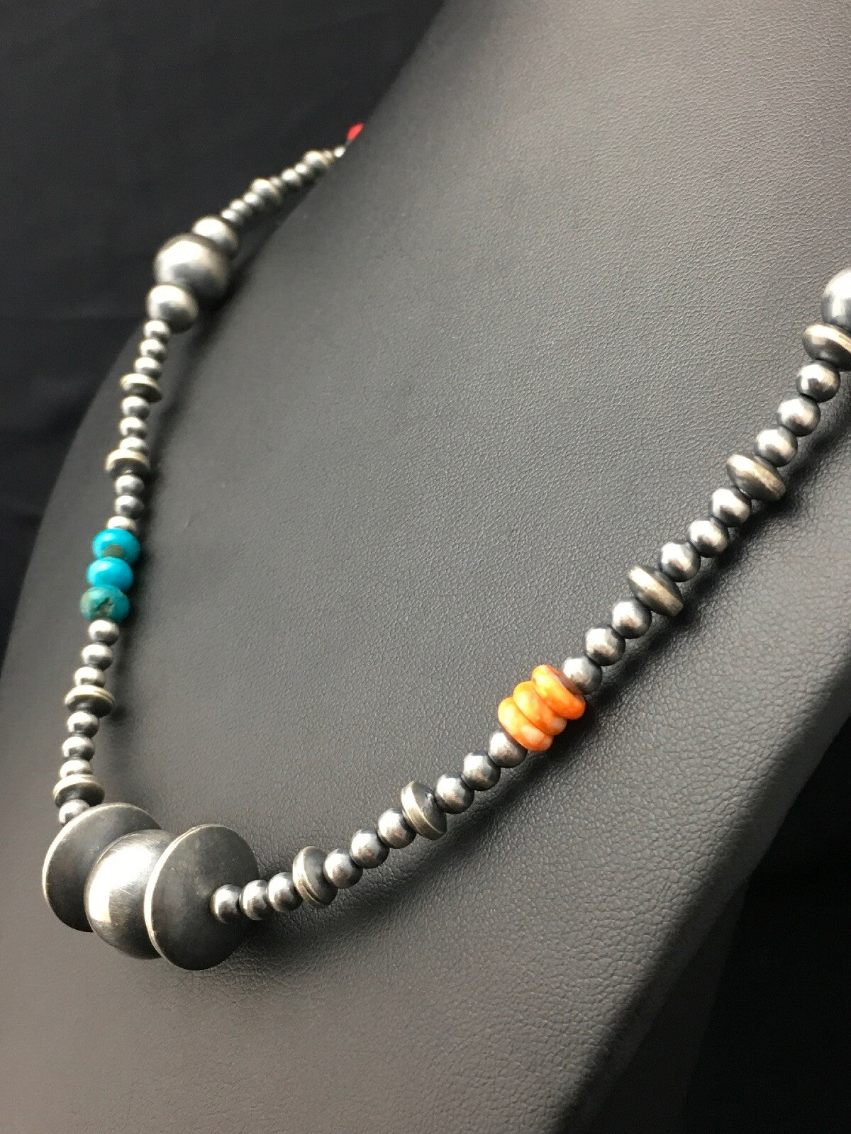 Turquoise Coral & Spiny Oyster Navajo Pearls Sterling Silver Bead Necklace 24"