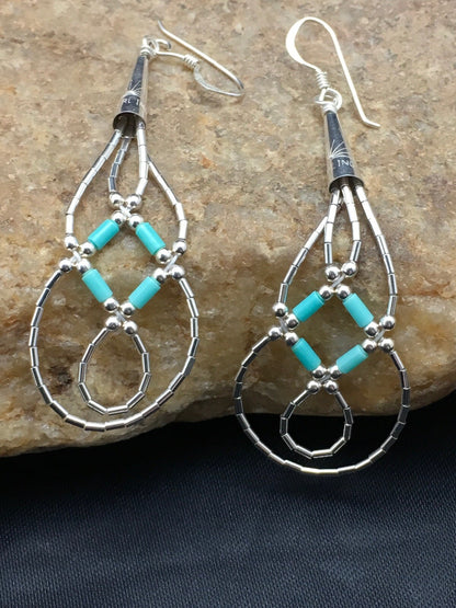 Blue Turquoise Tube Heishi Dangle Liquid Sterling Silver Earrings 2" 03100