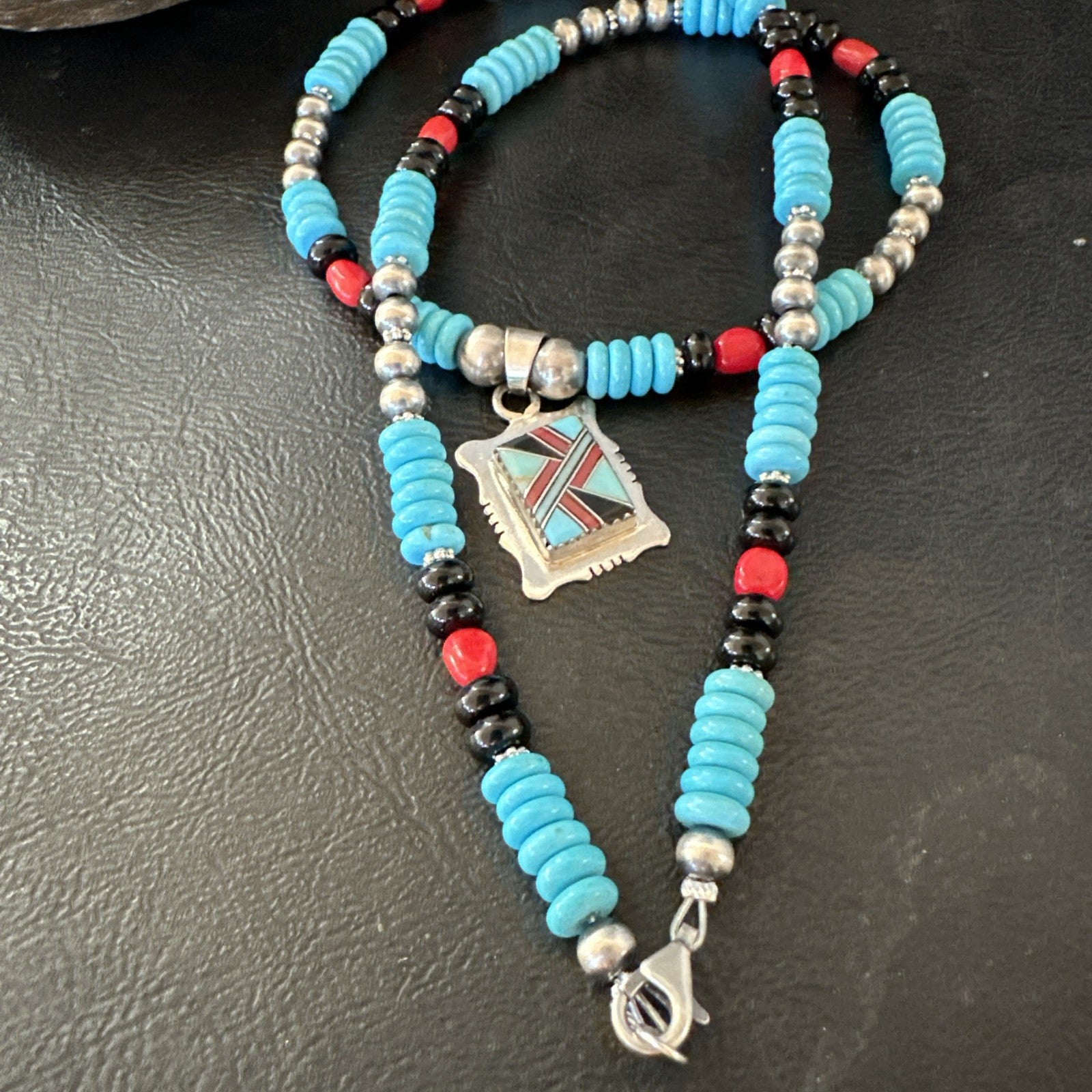 Multicolor Turquoise Coral Navajo Sterling Silver Inlay Pendant Necklace 19649