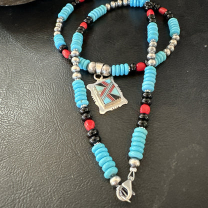 Multicolor Turquoise Coral Navajo Sterling Silver Inlay Pendant Necklace 19649