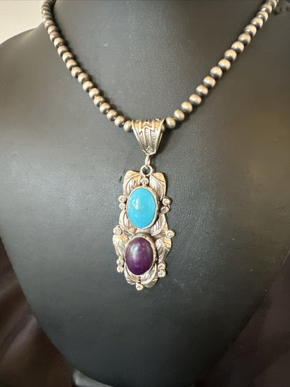 Blue Kingman Turquoise  Purple Stone Pendant Navajo Sterling Silver 18037