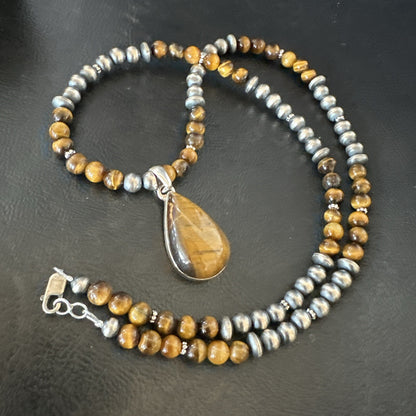 Coffee Brown Tigers Eye Sterling Silver Pendant Necklace Southwestern 18280