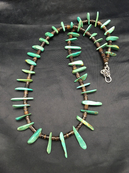 Native Green Turquoise & Bone Bead Navajo Sterling Silver Necklace 20" 03282
