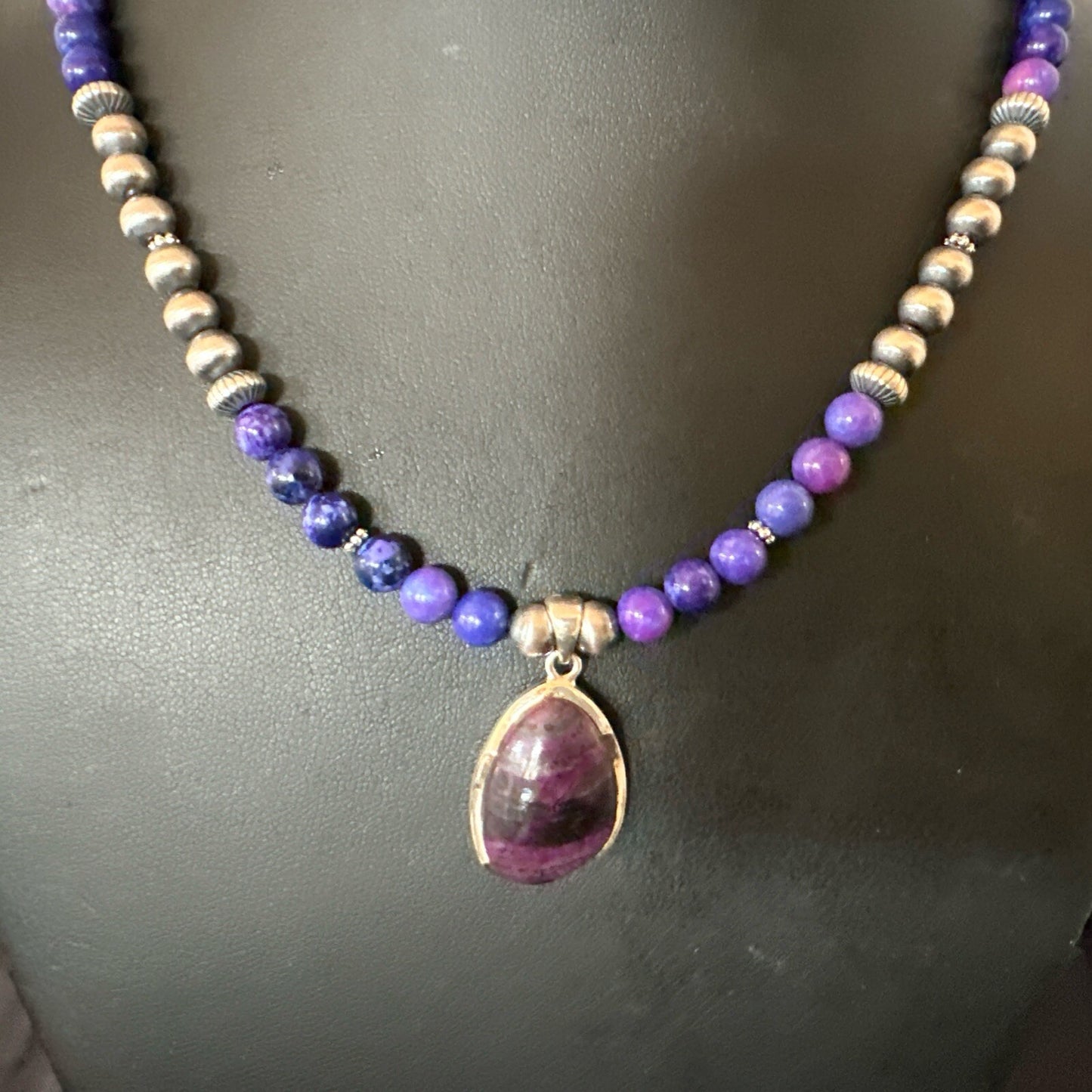 Purple Stone Pendant Navajo Pearls Sterling Silver Necklace 23" 17894