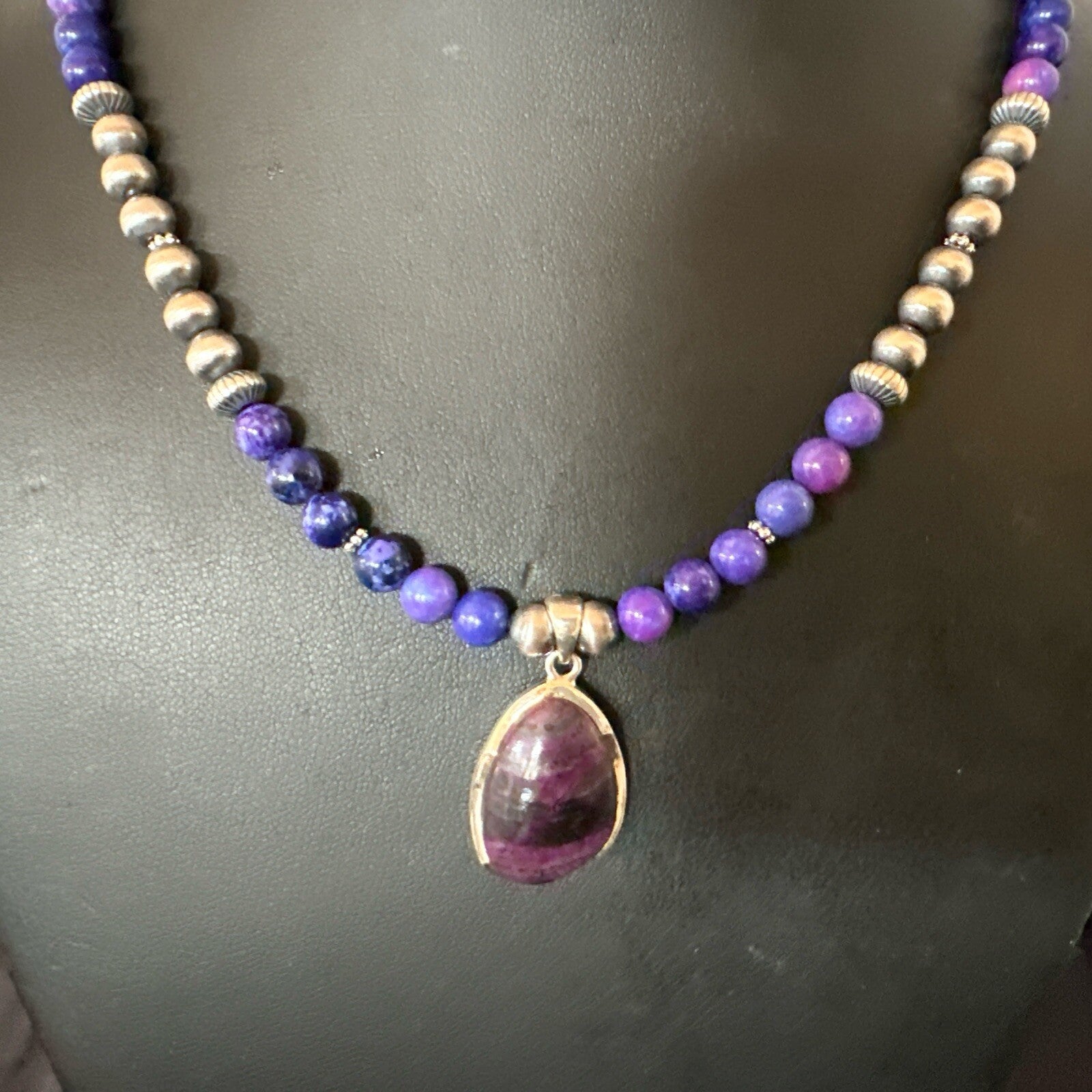 Purple Stone Pendant Navajo Pearls Sterling Silver Necklace 23" 17894