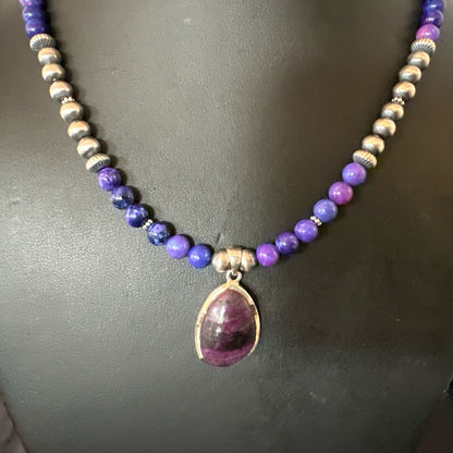 Purple Stone Pendant Navajo Pearls Sterling Silver Necklace 23" 17894