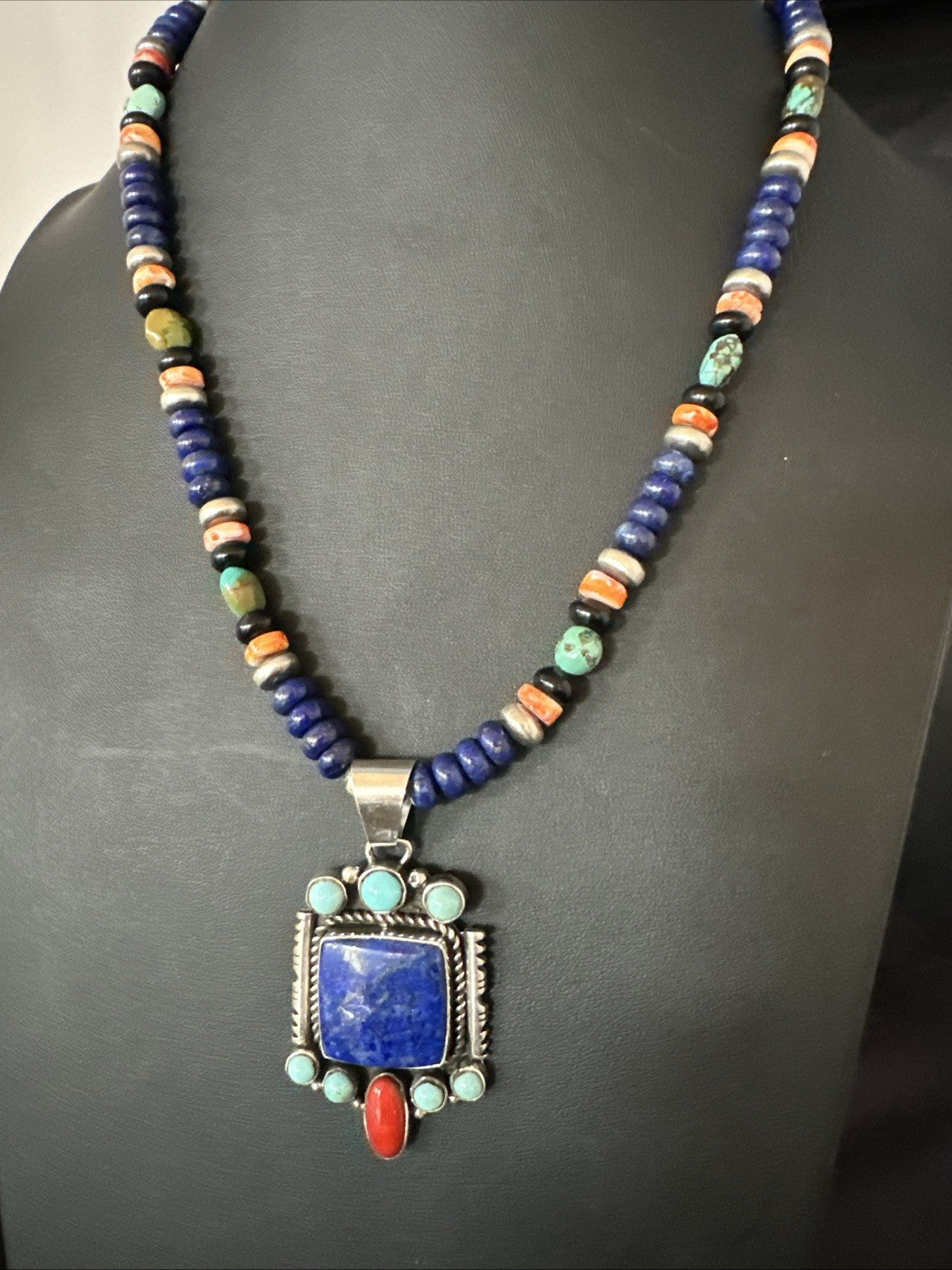 Multicolor Lapis Turquoise Pendant Navajo Sterling Silver Necklace 22” 19468