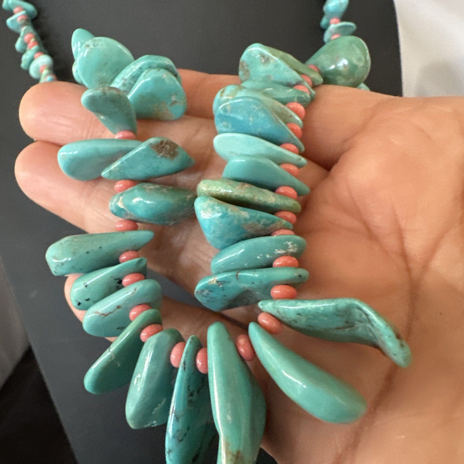 Mens Women Navajo Blue Turquoise Pink Coral Necklace Sterling Silver 28” 19746