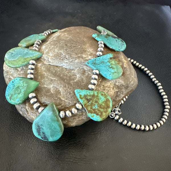 Navajo Pearls Silver Green Teardrop Turquoise Necklace | Authentic Native American Handmade | 19229