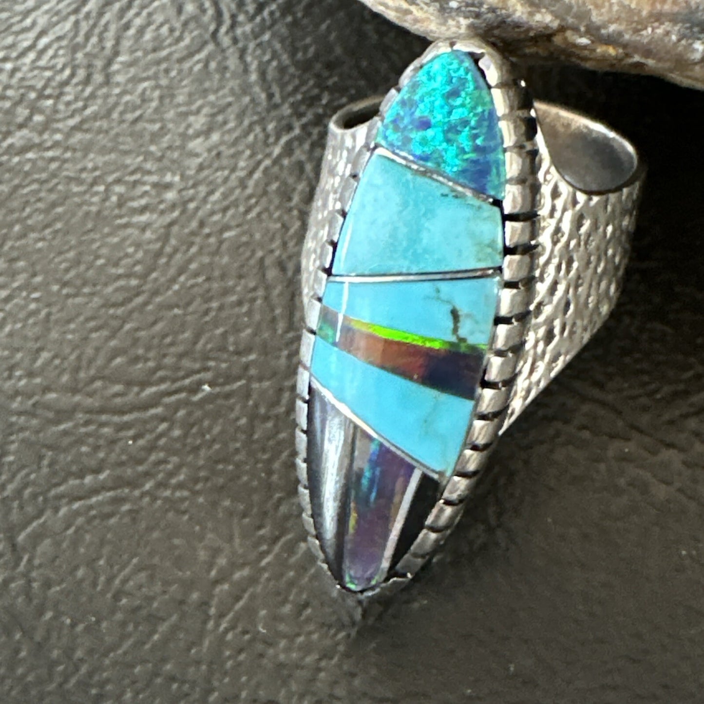 Men Navajo Multi-Color Opal Turquoise Inlay Sterling Silver Ring Size 6 18756