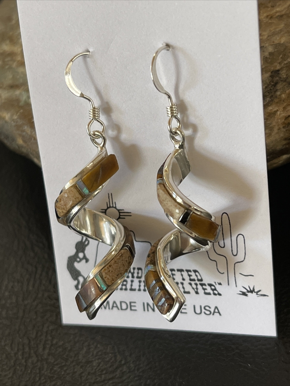 Tiger's Eye & Opal Inlay Swirl Navajo Sterling Earrings 1.25" 1552