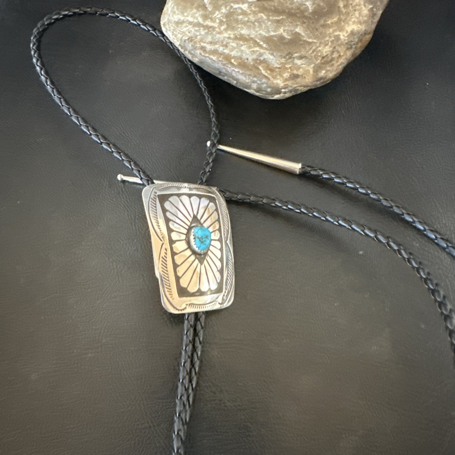 Mens Blue Kingman Turquoise Stamped Navajo Sterling Silver Bolo Tie 2” 19302