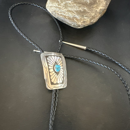 Mens Blue Kingman Turquoise Stamped Navajo Sterling Silver Bolo Tie 2” 19302