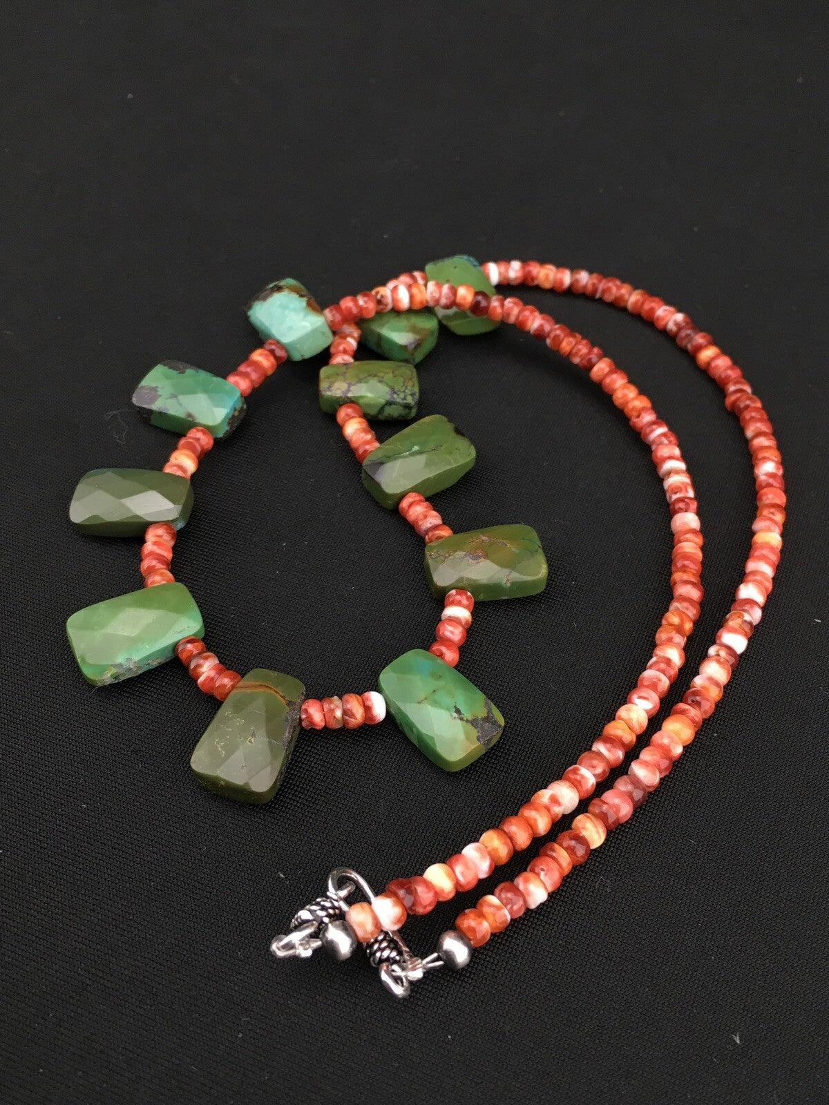 Spiny Oyster & Faceted Turquoise Navajo Sterling Silver Necklace 20" 04917