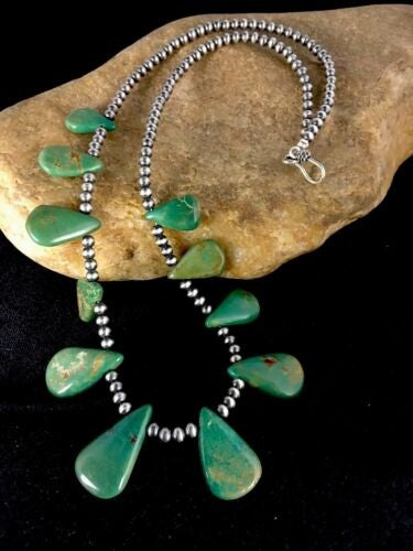 Navajo Green Turquoise Teardrop Necklace Sterling Silver Handmade 8744