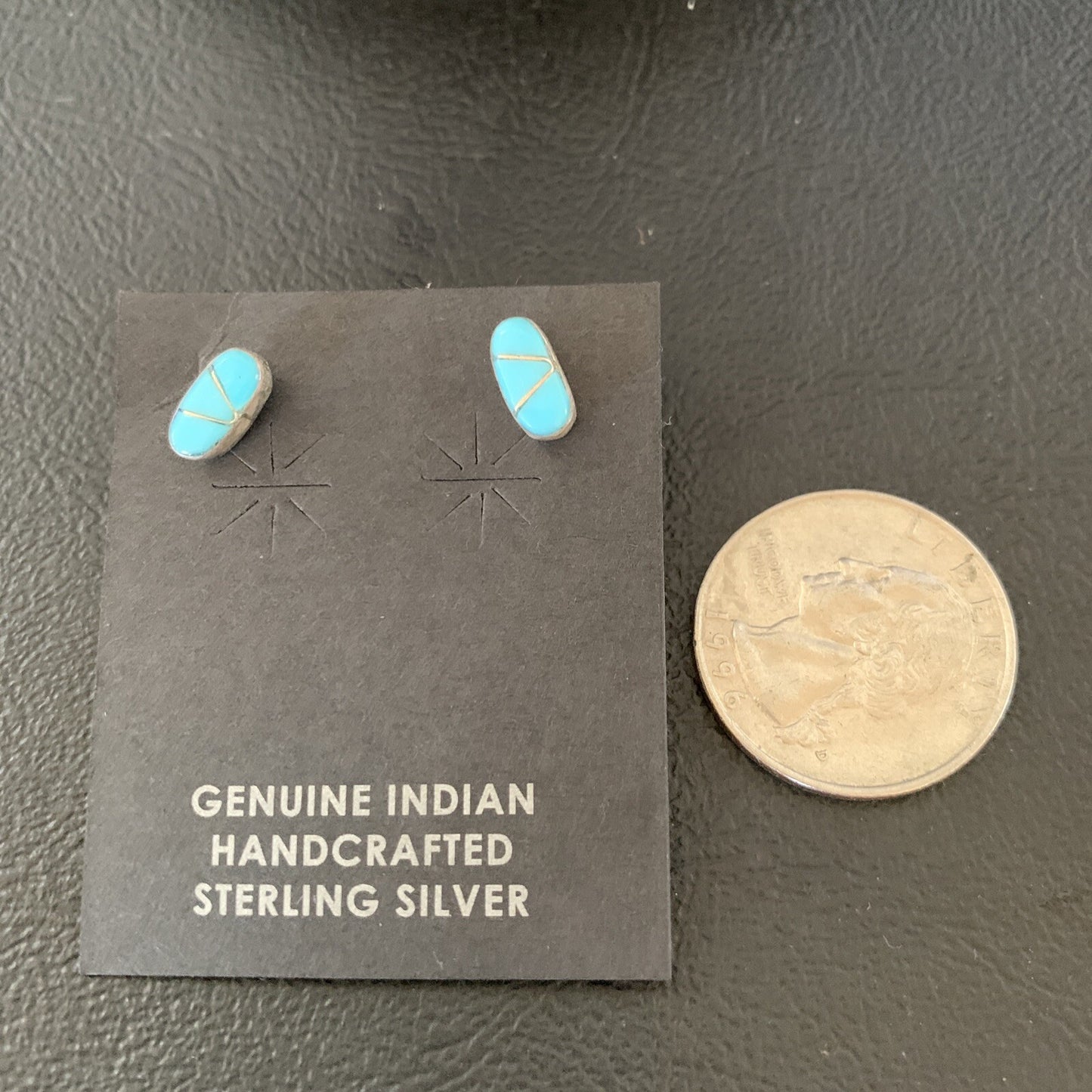 Zuni Handmade Kingman Turquoise Inlay Sterling Stud Post Earrings 13025