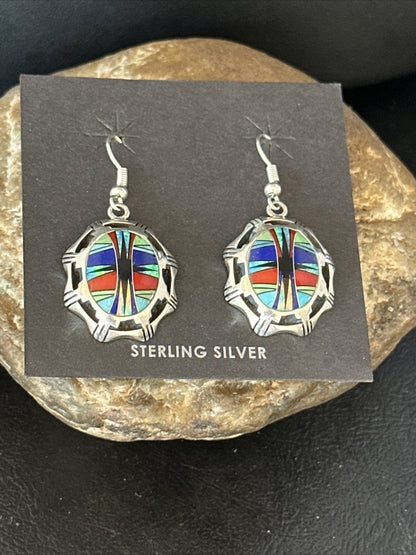 Blue Turquoise & Spiny Oyster Navajo Sterling Silver Inlay Earrings 1” 14763