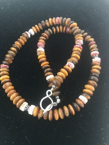 Mens Tiger Eye & Spiny Oyster Navajo Pearls Sterling Silver Necklace 19” 03340