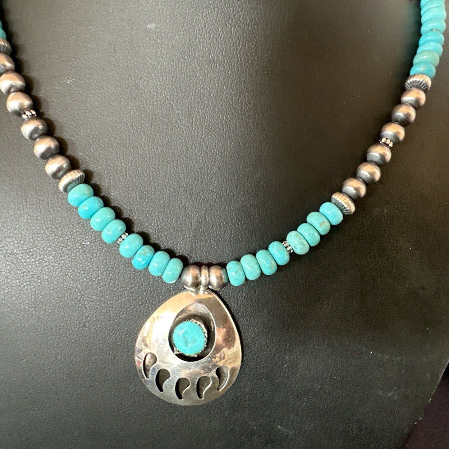 Mens Blue Turquoise BearPaw Pendant Navajo Pearls Sterling Silver Necklace 17880
